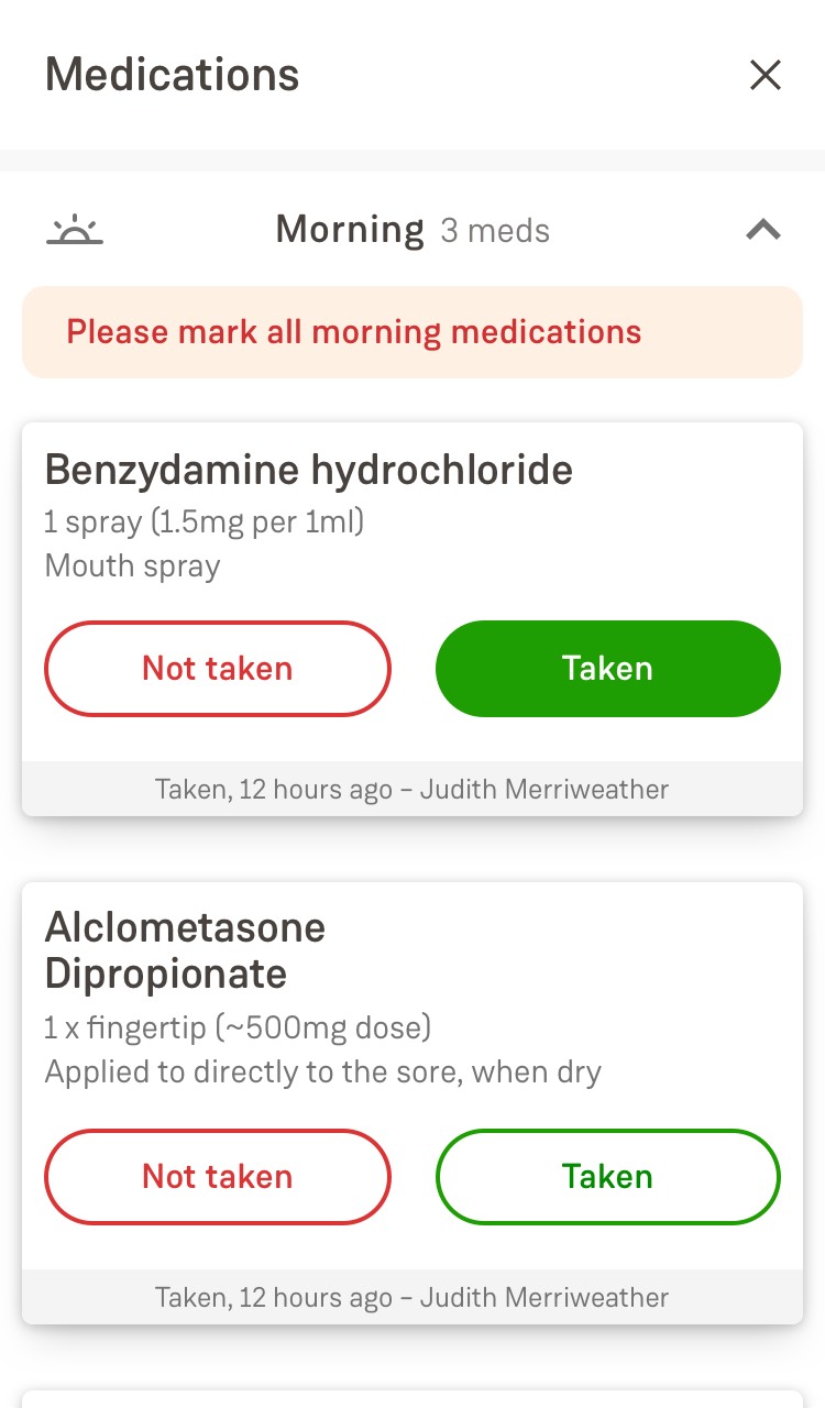 Screenshot showing a validation error message reading 'Please mark all morning medications' on the native app used by care workers