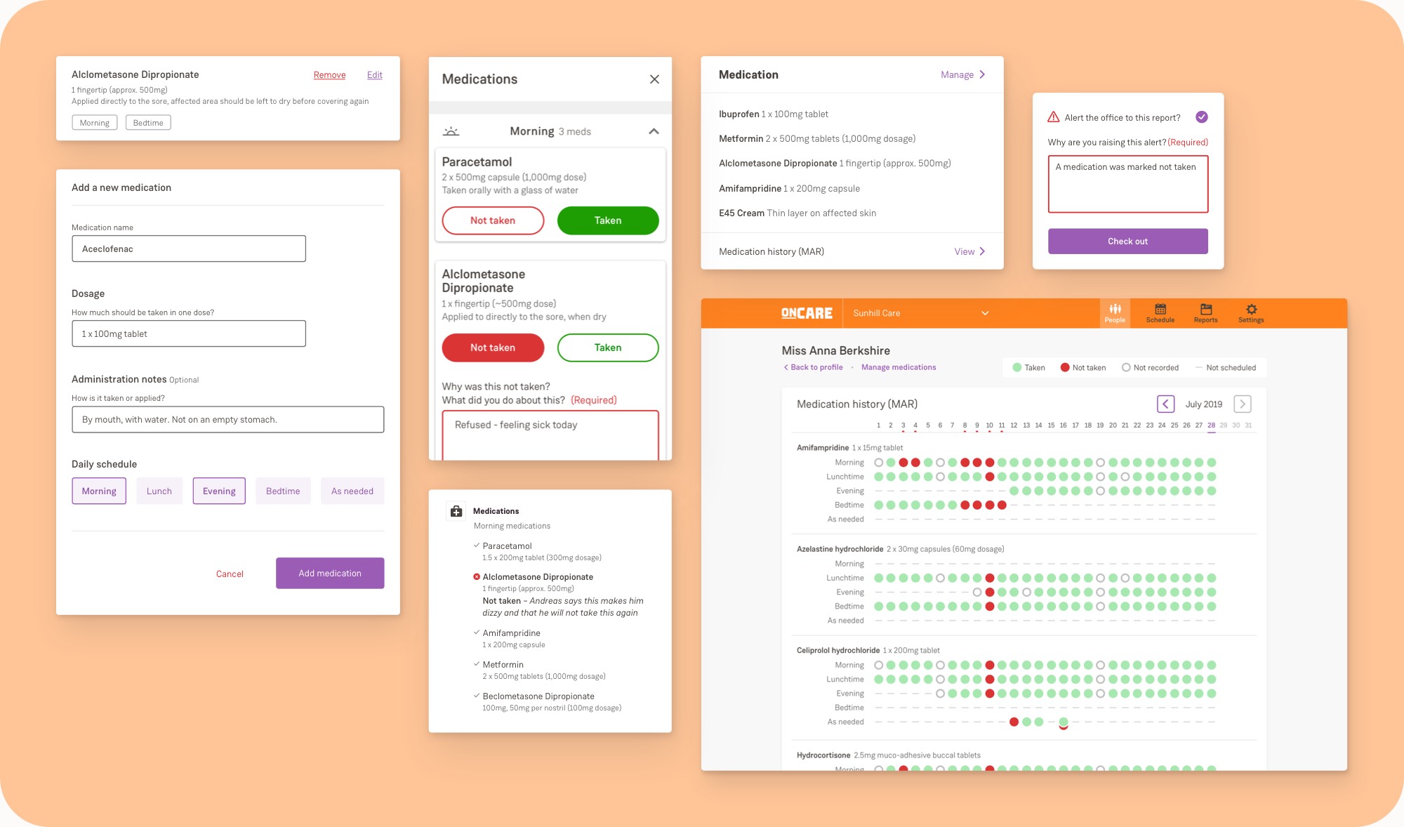 A collage of screen designs and individual details that I designed for the eMAR feature