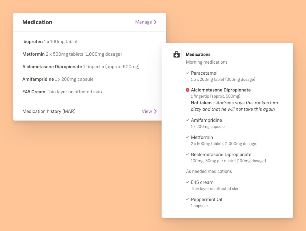 Medications list and medication records as they are shown in the office facing web-app