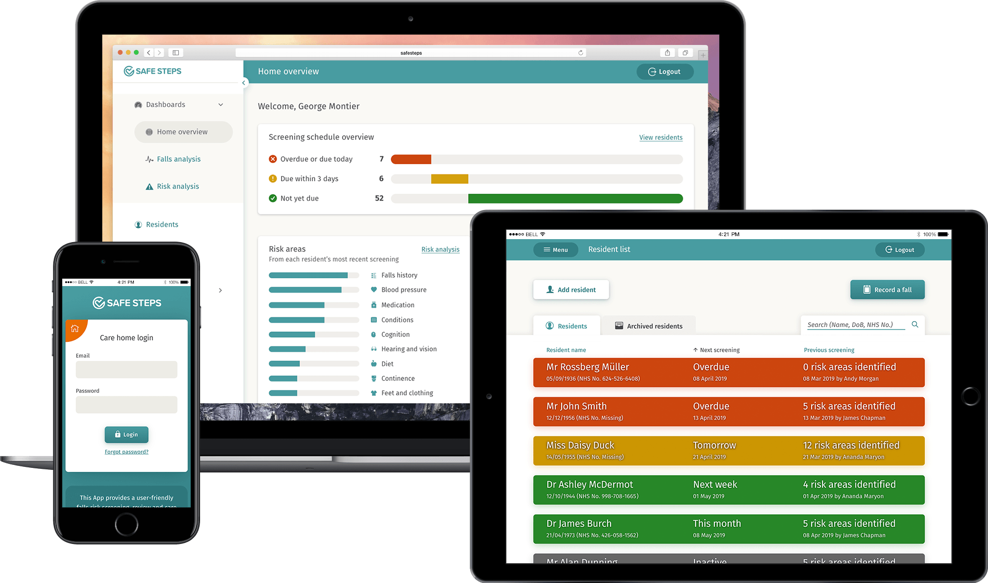 Safe Steps app displayed on a laptop, smartphone and tablet.